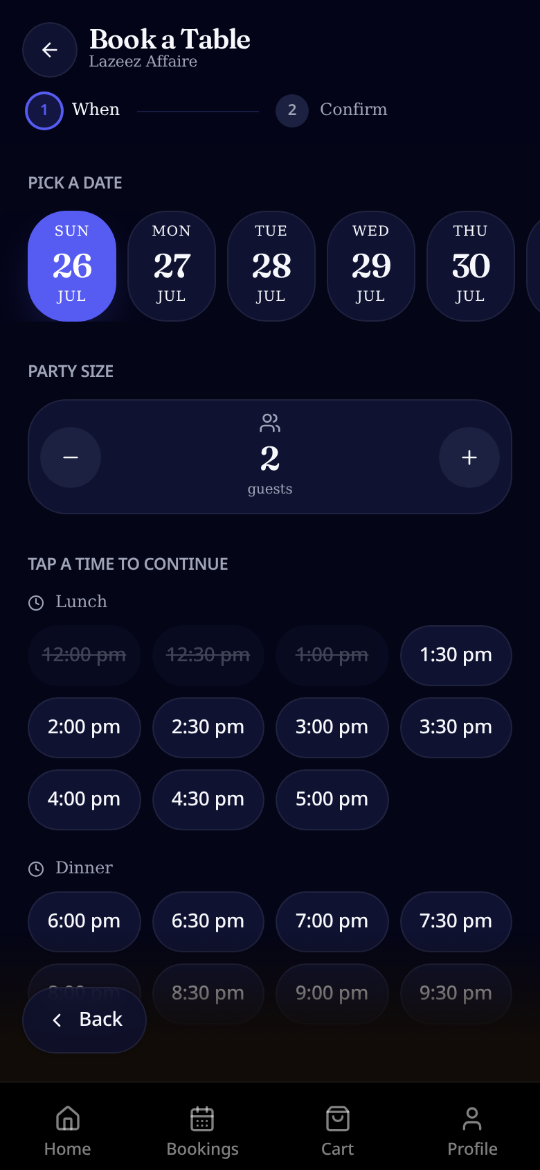 Forked Roots guest booking screen showing date picker, party size and session-aware time slots