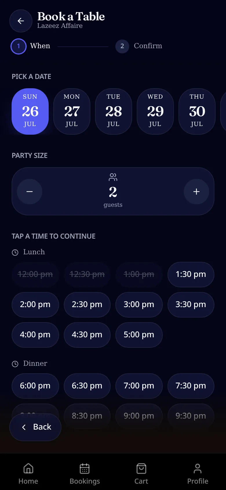 Forked Roots guest booking screen showing date picker, party size and session-aware time slots
