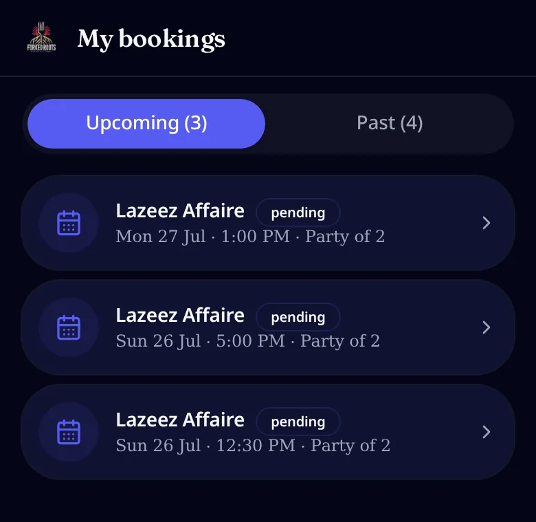 Guest account showing upcoming and past bookings with status pills