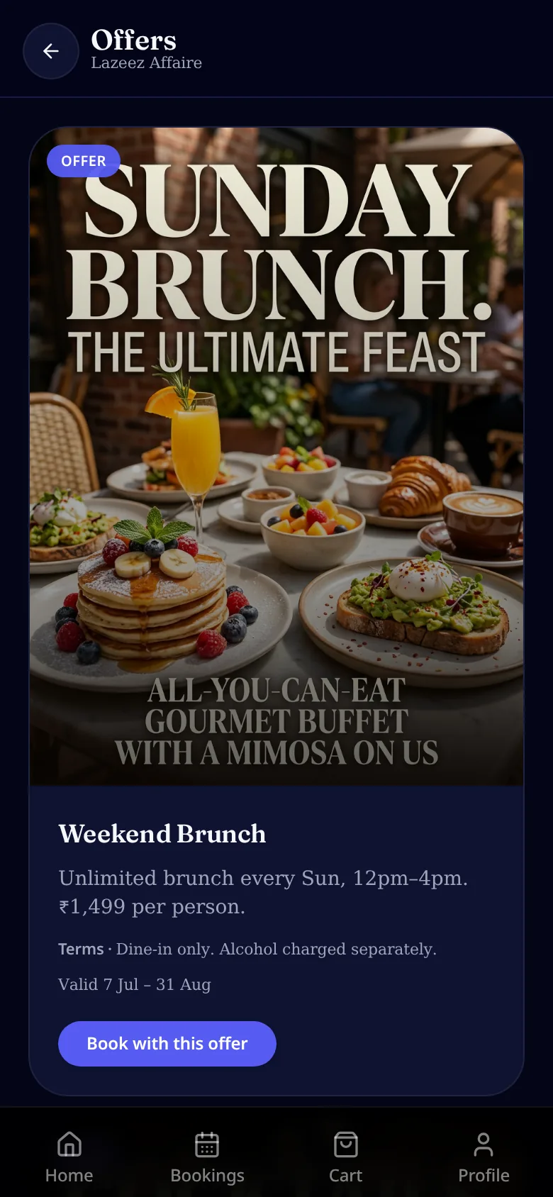 Restaurant offer page with a Sunday brunch poster and Book with this offer button